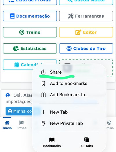 Safari: menu aberto com a opção Compartilhar (Share) na barra inferior