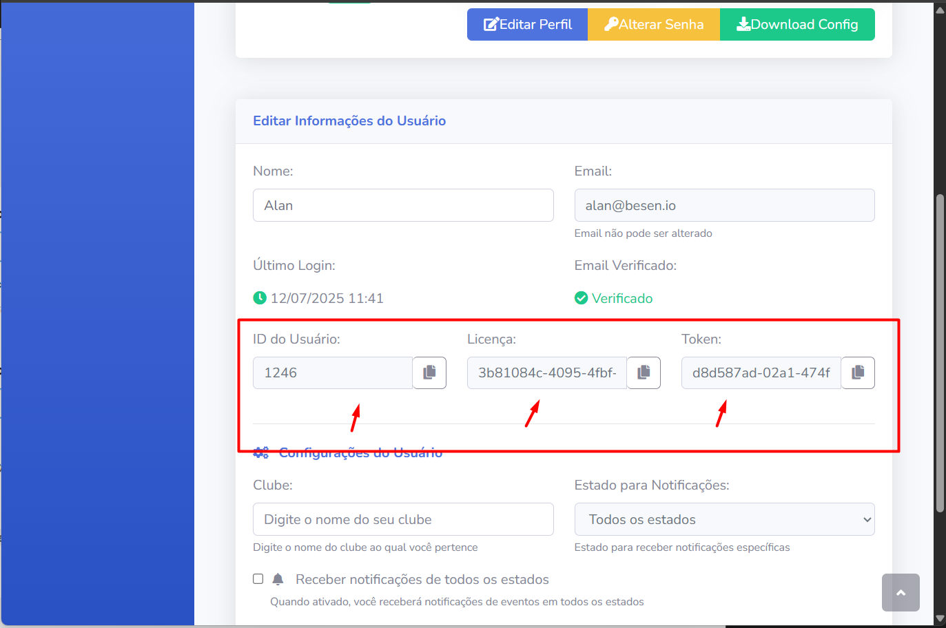 Credenciales Licencia, Token y User ID en el perfil