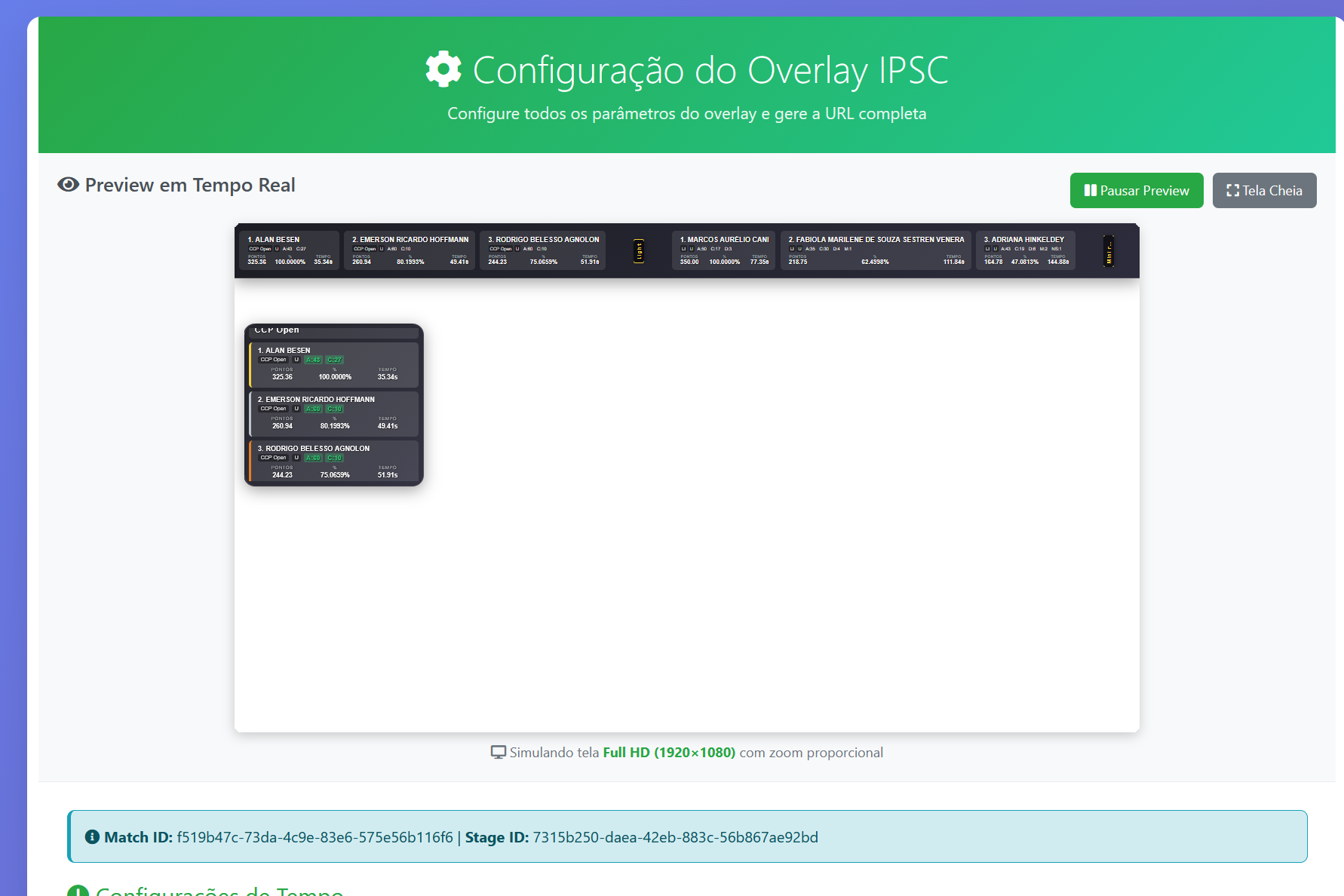 Preview em tempo real — top bar, sidebar e placar em 1920×1080