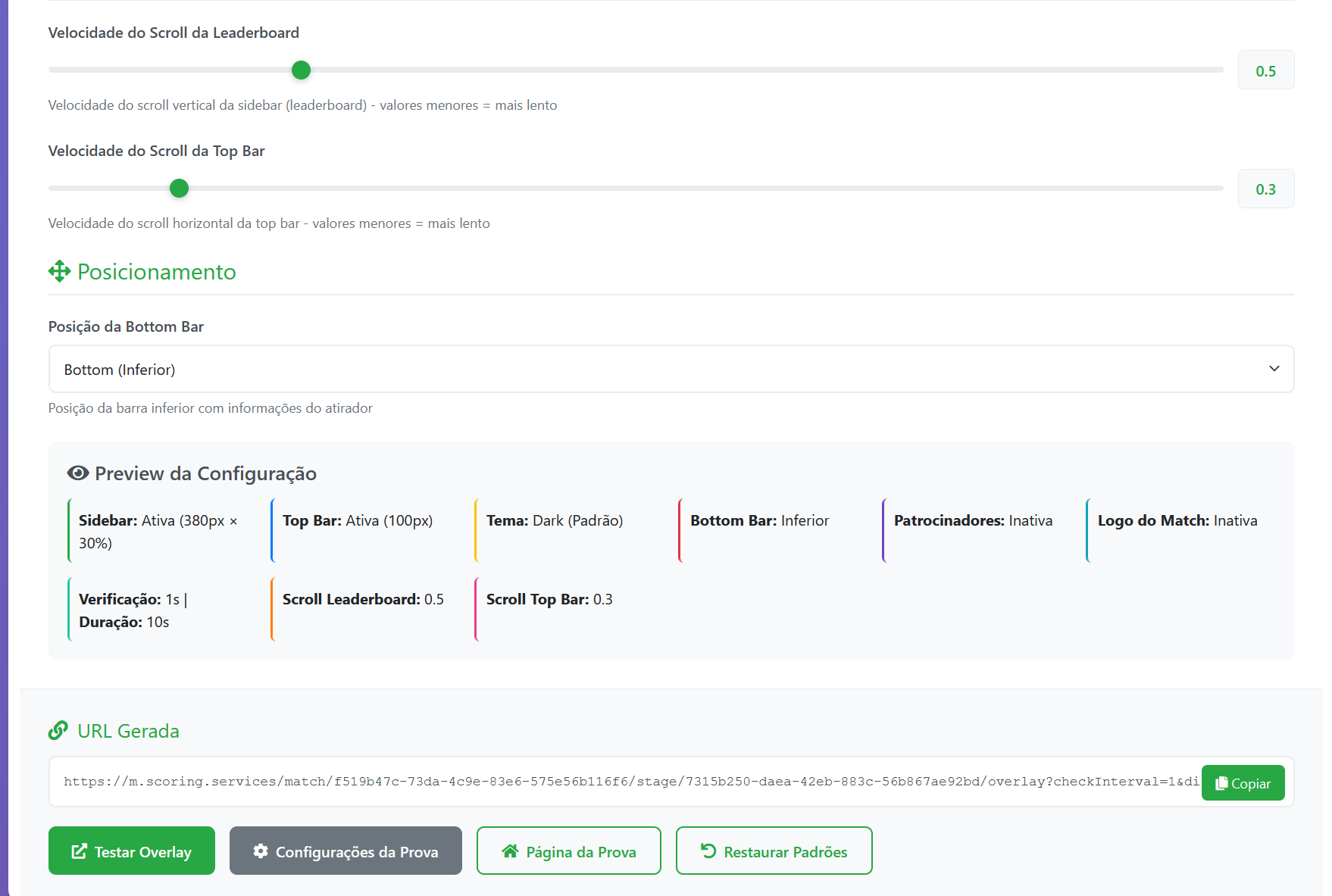 URL gerada — copie para OBS, vMix ou Prism e teste antes de ir ao ar